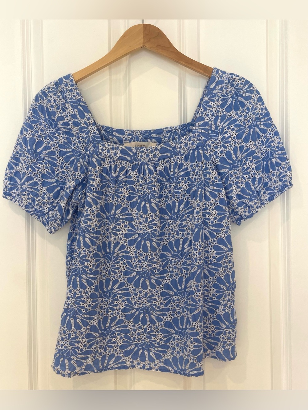 LOFT Blue and White Embroidered Floral Square-Neck Puff Sleeve Top
